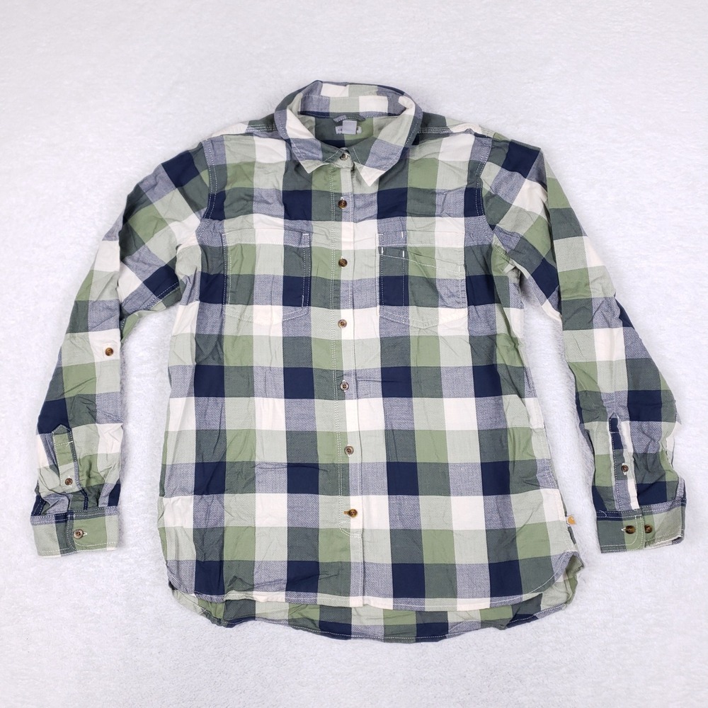 Carhartt Plaid Shirt Boys L 12/14 Fits Men M 21 PTP Green Blue Roll Tab Flannel